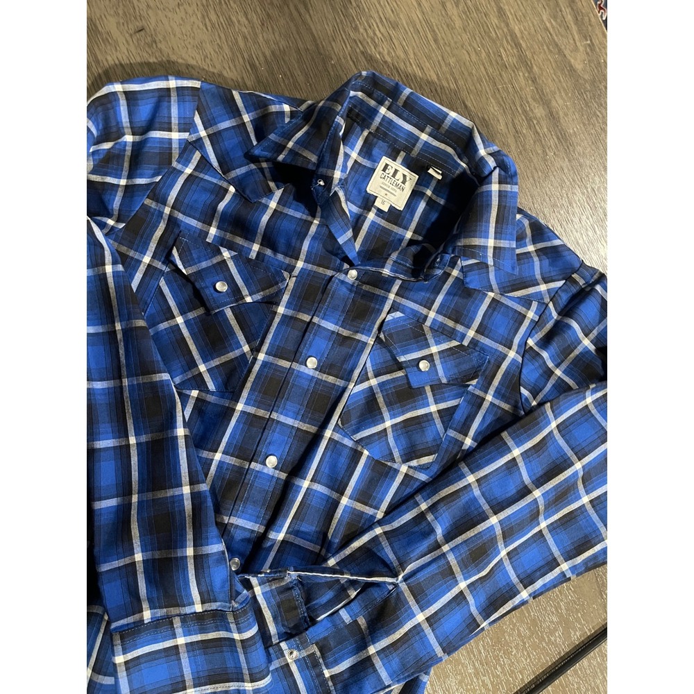 Ely Cattleman Boys Size 16 Blue Plaid Western Snap Button Long Sleeve Shirt